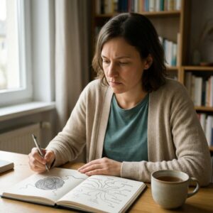 Besorgte Frau zeichnet wirres Gekritzel mit Stylus auf Tablet am Tisch, Kaffeetasse daneben.