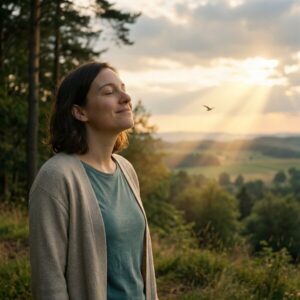 Lächelnde Frau im Profil vor Sonnenuntergang über ländlicher Landschaft, Vogel am Himmel