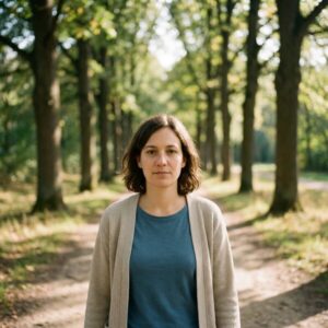 Frau mittleren Alters in blauem T-Shirt und beigem Cardigan geht nachdenklich auf einem baumbestandenen Weg im Park