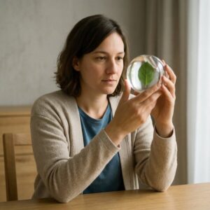 Frau hält Glasskugel mit winzigem grünen Keimling darin, nachdenklicher Blick