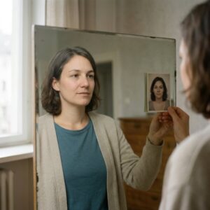 Frau blickt nachdenklich in den Spiegel und hält ein Passfoto von sich