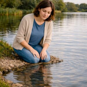 Frau mit kurzen braunen Haaren hockt am Seeufer und blickt auf ihr Spiegelbild im ruhigen Wasser.