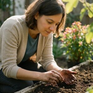 Frau mit schmutzigen Händen setzt Samen in einen Terrakottatopf, konzentriert im Garten