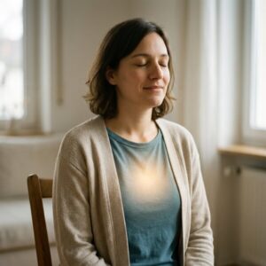 Junge Frau sitzt mit geschlossenen Augen meditierend, warmes goldenes Leuchten auf ihrer Brustmitte