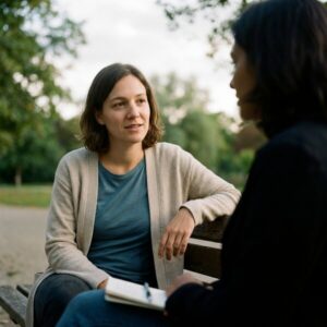 Lächelnde Frau auf Parkbank mit offenem Notizbuch, hört einem Gesprächspartner gegenüber aufmerksam zu
