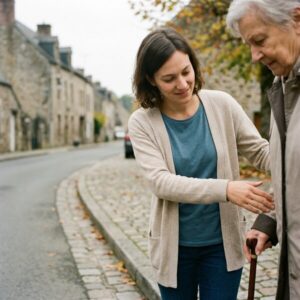 Junge Frau hockt auf Straße und hält lächelnd die Hände einer älteren Frau mit Gehstock.
