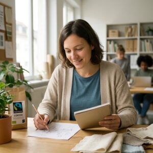 Frau schreibt auf braunen Karten am Tisch, Fairtrade-Kaffeetüte und Pappbecher daneben in gemütlichem Homeoffice.