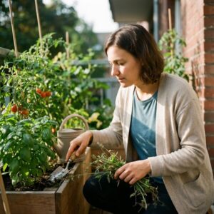 Frau gießt junge Pflanzen in rechteckigem Blumenkasten auf Balkon, pflegt Setzlinge mit Gießkanne