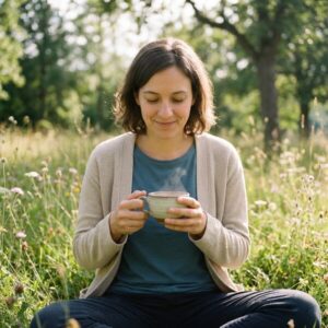 Frau sitzt entspannt im Gras, Augen geschlossen, hält mit beiden Händen eine dampfende Tasse