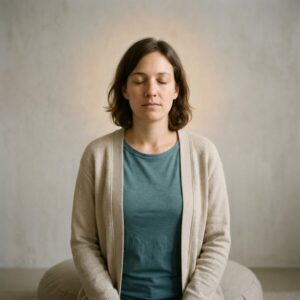 Frau im Schneidersitz meditiert ruhig mit geschlossenen Augen vor neutraler Wand, trägt beige Jacke und dunkles Outfit