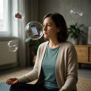 Nachdenkliche Frau schaut auf schwebende Seifenblasen mit Smartphone, Kuchenstück und Reisekoffer