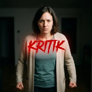 Wütende Frau mit geballten Fäusten vor dunklem Hintergrund, rotes "KRITIK"-Leuchtschild in der Mitte
