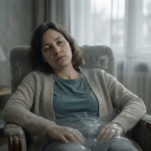 Frau sitzt erschöpft in Sessel, Augen halbgeschlossen, in Decke gehüllt und von Dunst umgeben