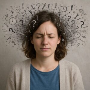 Gestresste Frau mit geschlossenen Augen und zusammengezogener Stirn, umgeben von Zeichnungen (Uhren, Fragezeichen, Pfeile)