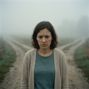 Besorgte Frau in beigem Cardigan und blauem Shirt auf nebligem Weg, geht zwischen sich gabelnden Pfaden