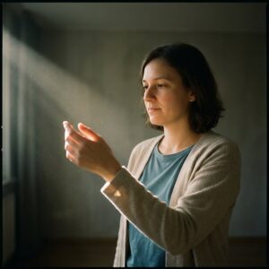 Frau im Cardigan betrachtet nachdenklich ihre von warmem Licht getroffene Hand mit feinem Staub vor dunklem Hintergrund