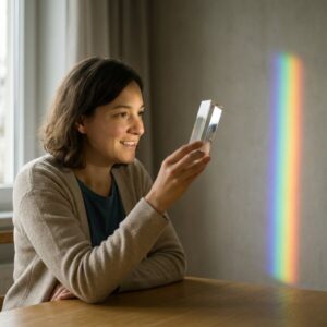 Frau hält kleines Glasprisma und lächelt, während ein Regenbogenlicht an die Wand projiziert wird.