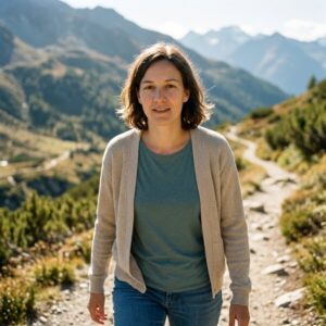 Frau mittleren Alters in beige Strickjacke und blauem Shirt wandert konzentriert auf Bergpfad, grüne Alpenkulisse