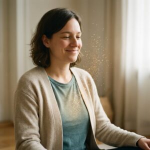 Frau mit geschlossenen Augen lächelt, goldene Lichtpartikel leuchten aus ihrem Brustbereich, blaues Shirt und beiger Cardigan