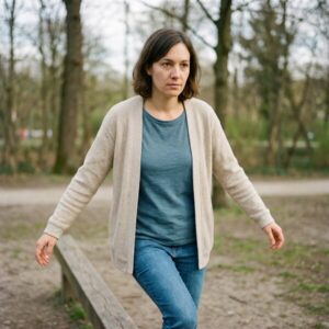 Frau balanciert mit ausgestreckten Armen auf einem schmalen Holzbrett vor neutralem Hintergrund.