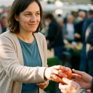 Frau nimmt lächelnd einen Apfel von einem Verkäufer auf dem Wochenmarkt, verschwommene Menschen im Hintergrund