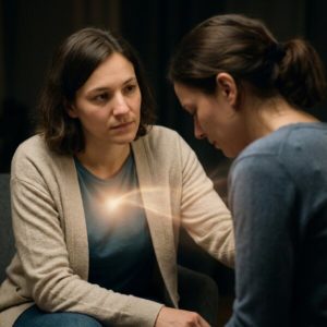 Zwei Frauen sitzen; eine tröstet die andere mit Hand am Arm, besorgter Blick, warmes Licht zwischen ihnen.