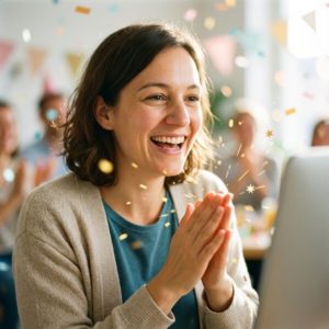Fröhliche Frau applaudiert vor Laptop, umgeben von fallendem Konfetti und Partygirlanden, feiert bei Videoanruf.
