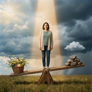 Frau steht auf Wippe zwischen Korb mit Blumen und Münzen links und regnerischem Steinstapel rechts, Lichtstrahl aus Wolken.