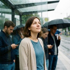 Frau steht im regennassen Buswartehäuschen, schaut nach oben; Regentropfen am Glas, im Hintergrund Menschen mit Regenschirmen