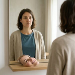 Frau steht vor Spiegel, blickt ernst; auf dem Regal liegt ihr abgenommenes, lächelndes Maskengesicht.