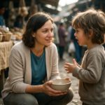 Frau hockt auf einem Markt und reicht einem kleinen Jungen eine Schale, beide im Gespräch.