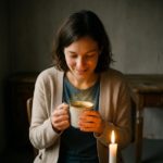 Frau mit kurzem dunklem Haar lächelt, hält eine dampfende Tasse, aus der goldene Funken steigen; brennende Kerze auf dem Tisc