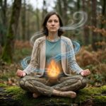 Frau sitzt meditierend im Wald, Wurzelmuster auf Körper, Flamme im Bauch und wirbelnde Luftlinien um Atem und Herz.