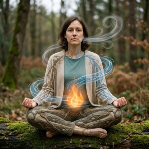 Frau sitzt meditierend im Wald, Wurzelmuster auf Körper, Flamme im Bauch und wirbelnde Luftlinien um Atem und Herz.