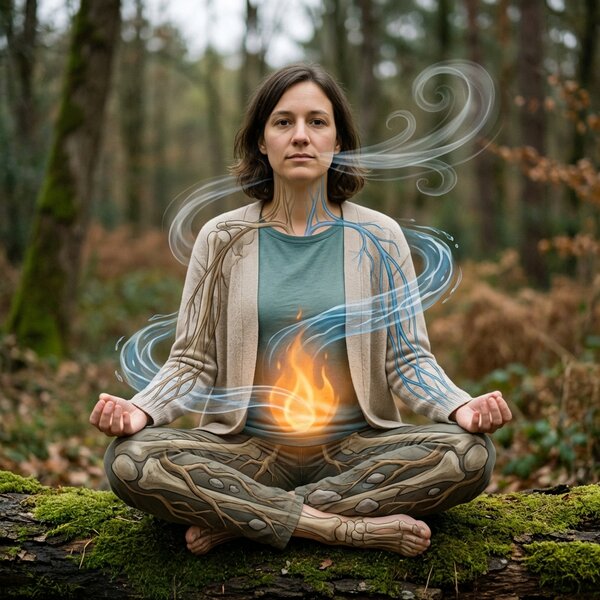 Frau sitzt meditierend im Wald, Wurzelmuster auf Körper, Flamme im Bauch und wirbelnde Luftlinien um Atem und Herz.
