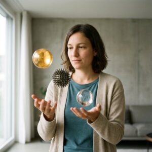 Frau im Wohnzimmer lässt drei schwebende Kugeln (gold, stachelig, Glas) über ihren Händen kreisen.