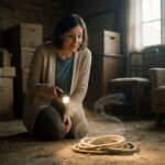 Frau kniet im Dachboden, leuchtet mit Taschenlampe auf ein zusammengerolltes Seil, aus dem eine geisterhafte Schlange steigt.