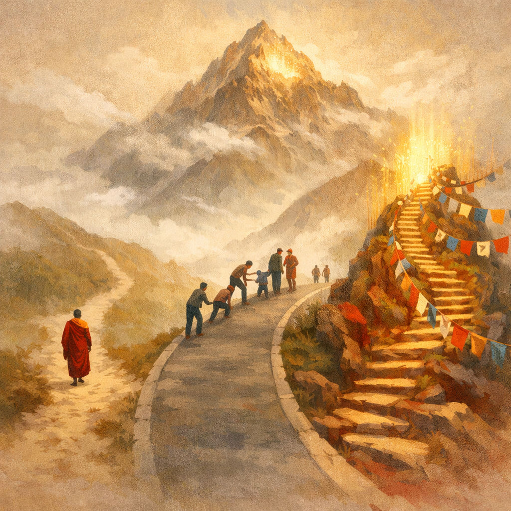 Pilger und Mönch auf Bergpfad; Menschen helfen sich, goldene Treppe mit Gebetsfahnen zum Gipfel.