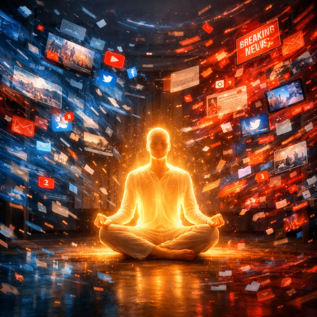 Leuchtende Person im Lotussitz, umgeben von digitalen Medien‑ und Social‑Icons sowie Nachrichten.