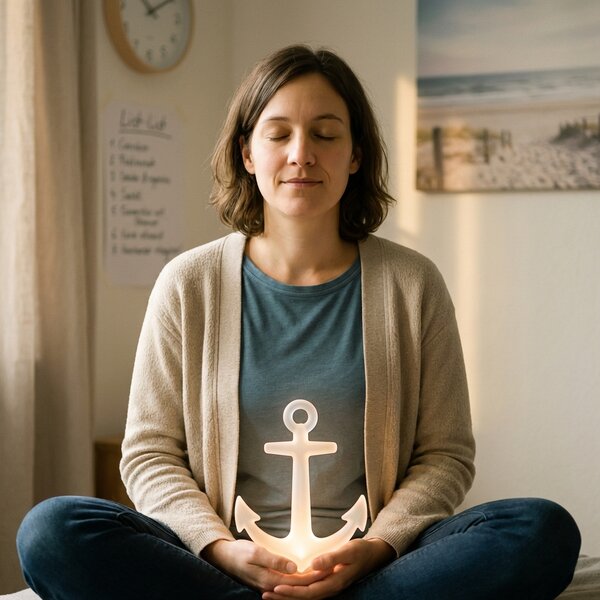 nna sitzt meditierend, während ein leuchtender, friedlicher Anker sanft auf ihrer Brust ruht.