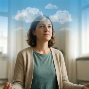 Anna meditiert, ihr Geist ist ein blauer Himmel, an dem Gedanken wie kleine Wolken mit Symbolen vorbeiziehen.