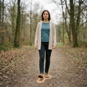 Anna setzt achtsam und langsam einen Fuß auf einen friedlichen Parkweg, der Boden leuchtet leicht auf.