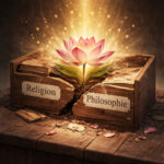 Digitales Bild einer aufgebrochenen Holzschublade mit den Etiketten ‚Religion‘ und ‚Philosophie‘, aus deren Mitte eine leuchtende Lotusblume wächst – Symbol für die Überschreitung westlicher Kategorien im Buddhismus.