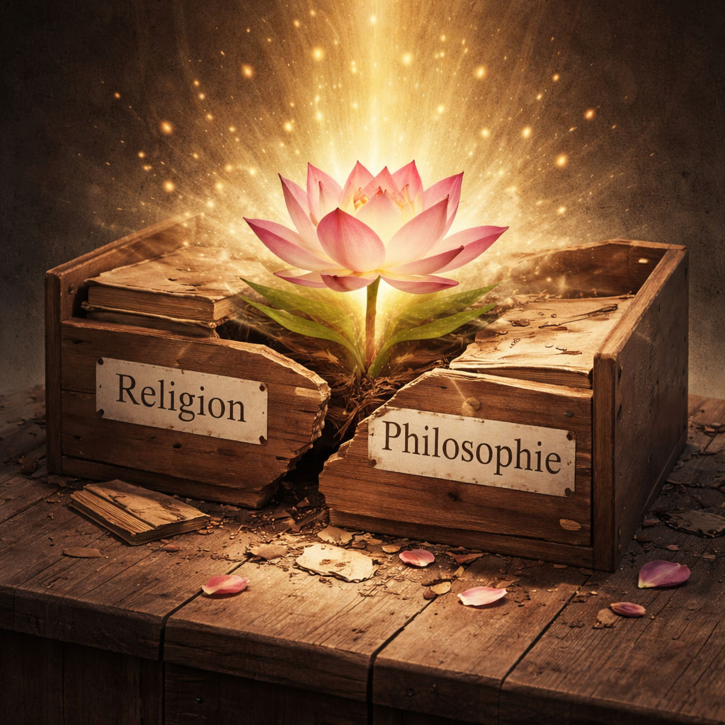 Digitales Bild einer aufgebrochenen Holzschublade mit den Etiketten ‚Religion‘ und ‚Philosophie‘, aus deren Mitte eine leuchtende Lotusblume wächst – Symbol für die Überschreitung westlicher Kategorien im Buddhismus.