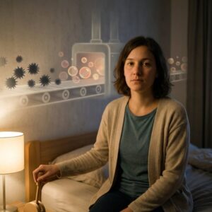 Frau sitzt auf dem Bett, mit ernster Miene, Hand an Nachttischlampe; Wandgrafik zeigt Förderband mit dunklen, spitzen Formen und Blasen.