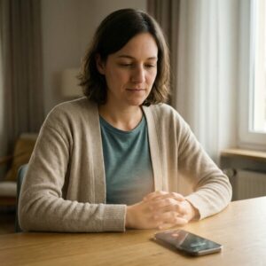 Anna blickt auf ein aufleuchtendes Smartphone vor ihr, lässt die Hände aber ruhig im Schoß liegen.