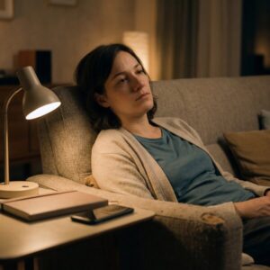 Anna sitzt abends völlig erschöpft, aber mit einem milden Blick der Erkenntnis auf ihrem Sofa.