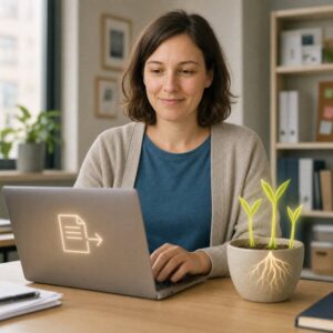 Anna sendet eine hilfreiche Datei, während neben dem Laptop in einem kleinen Topf drei grüne Triebe wachsen.