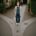 Anna steht an drei zusammenlaufenden Wegen für Ethik, Sammlung und Weisheit.