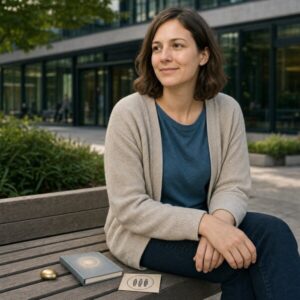 Anna sitzt in der Mittagspause auf einer Bank; neben ihr liegen drei kleine symbolische Gegenstände.